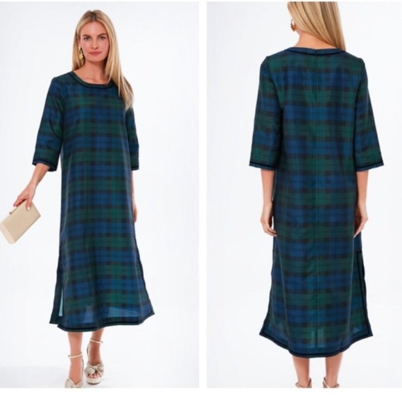 Tuckernuck | NEW Jamie Velvet Trimmed Plaid Blackwatch Midi Dress Size XS - Picture 1 of 4